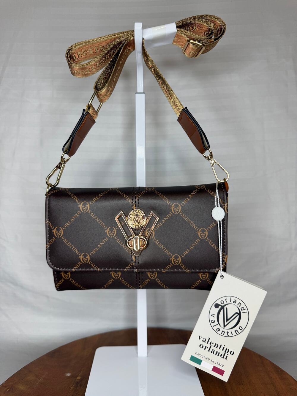 Valentino Orlandi Monogram Print Crossbody Bag Brown Logo Strap NWT MSRP $159